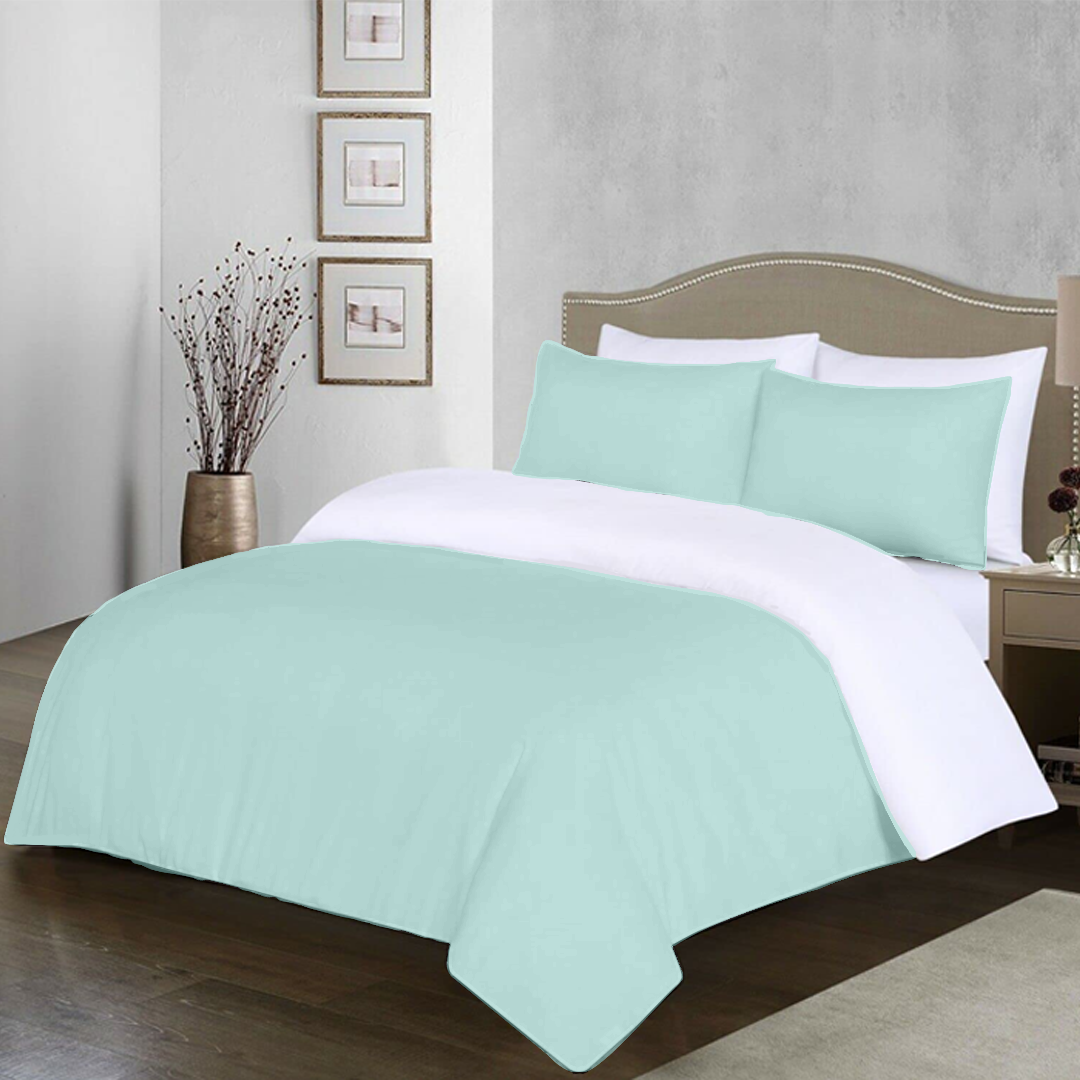 Aqua Blue and White Reversible Duvet Set Solid Comfy Sateen