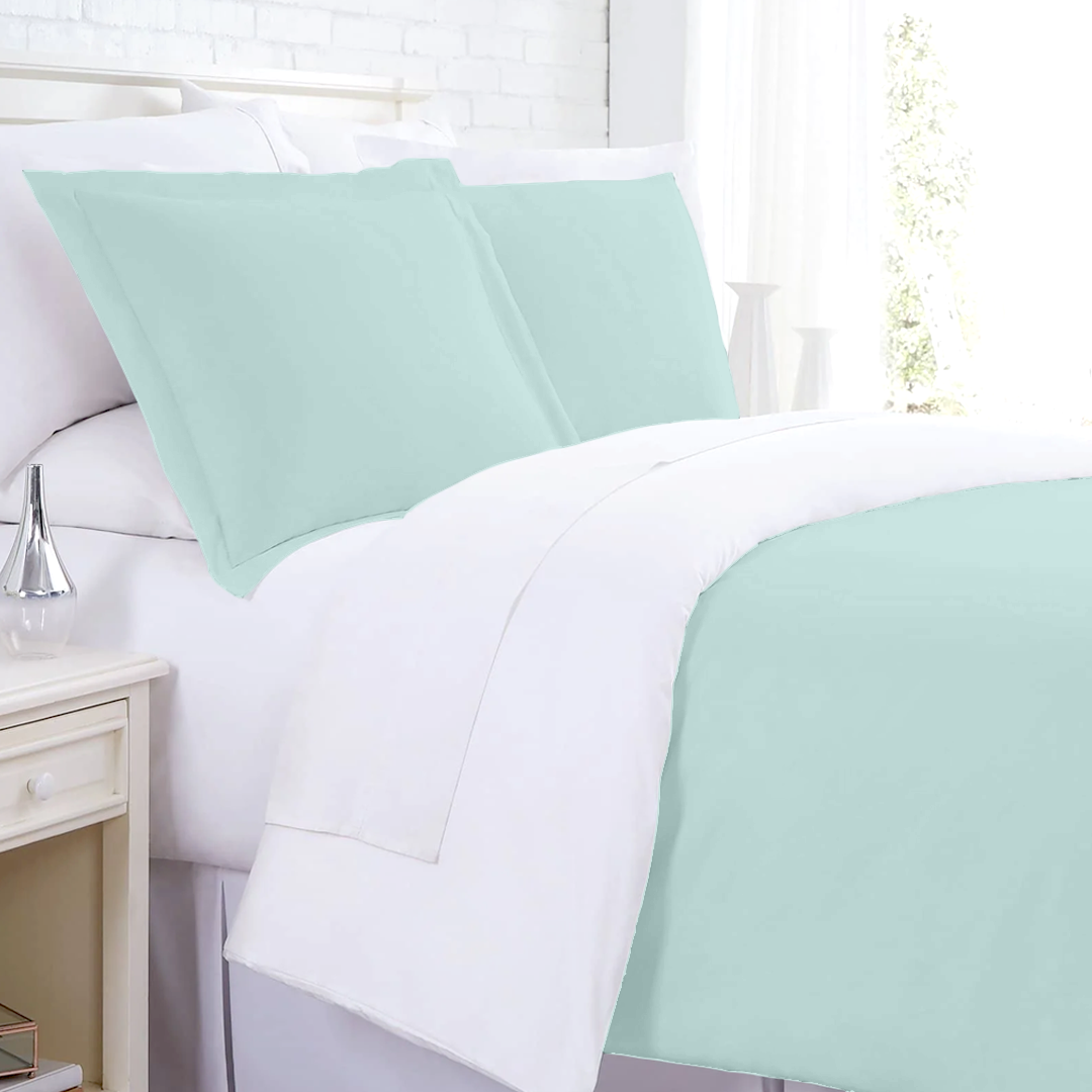 Aqua Blue and White Reversible Duvet Set Solid Comfy Sateen