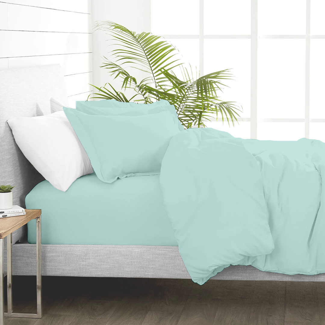 Aqua Blue Duvet Cover Set with Fitted Sheet Solid Comfy Sateen