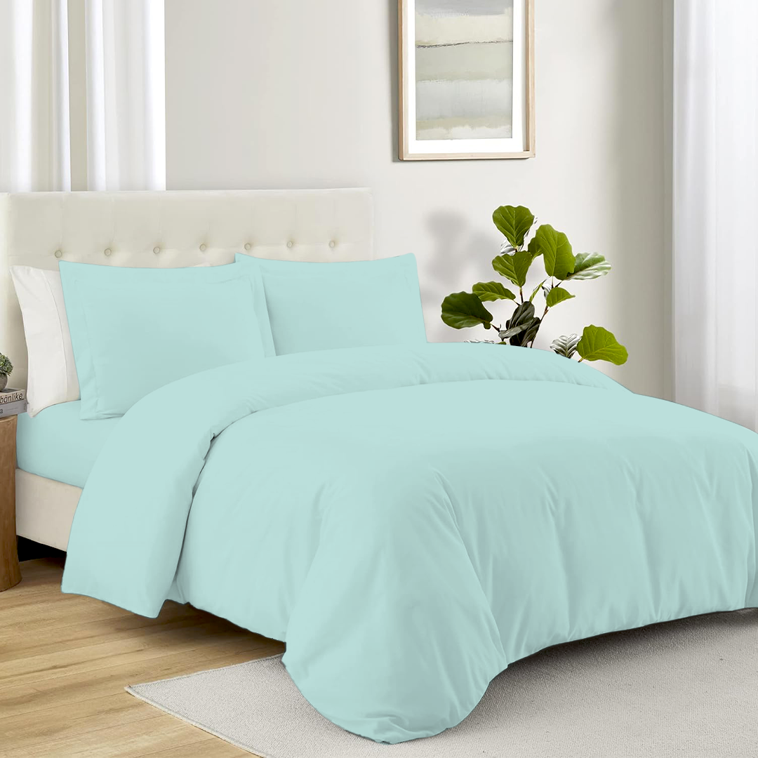 Aqua Blue Duvet Cover Set with Fitted Sheet Solid Comfy Sateen