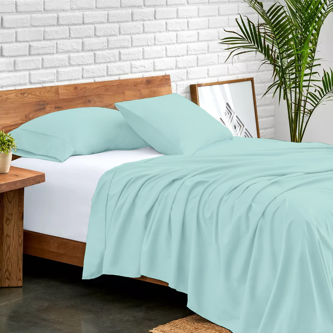 Aqua Blue Flat sheet with Pillowcase Comfy Solid Sateen