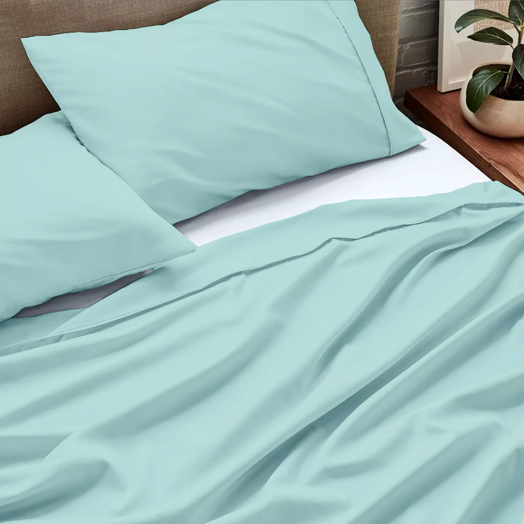 Aqua Blue Flat sheet with Pillowcase Comfy Solid Sateen