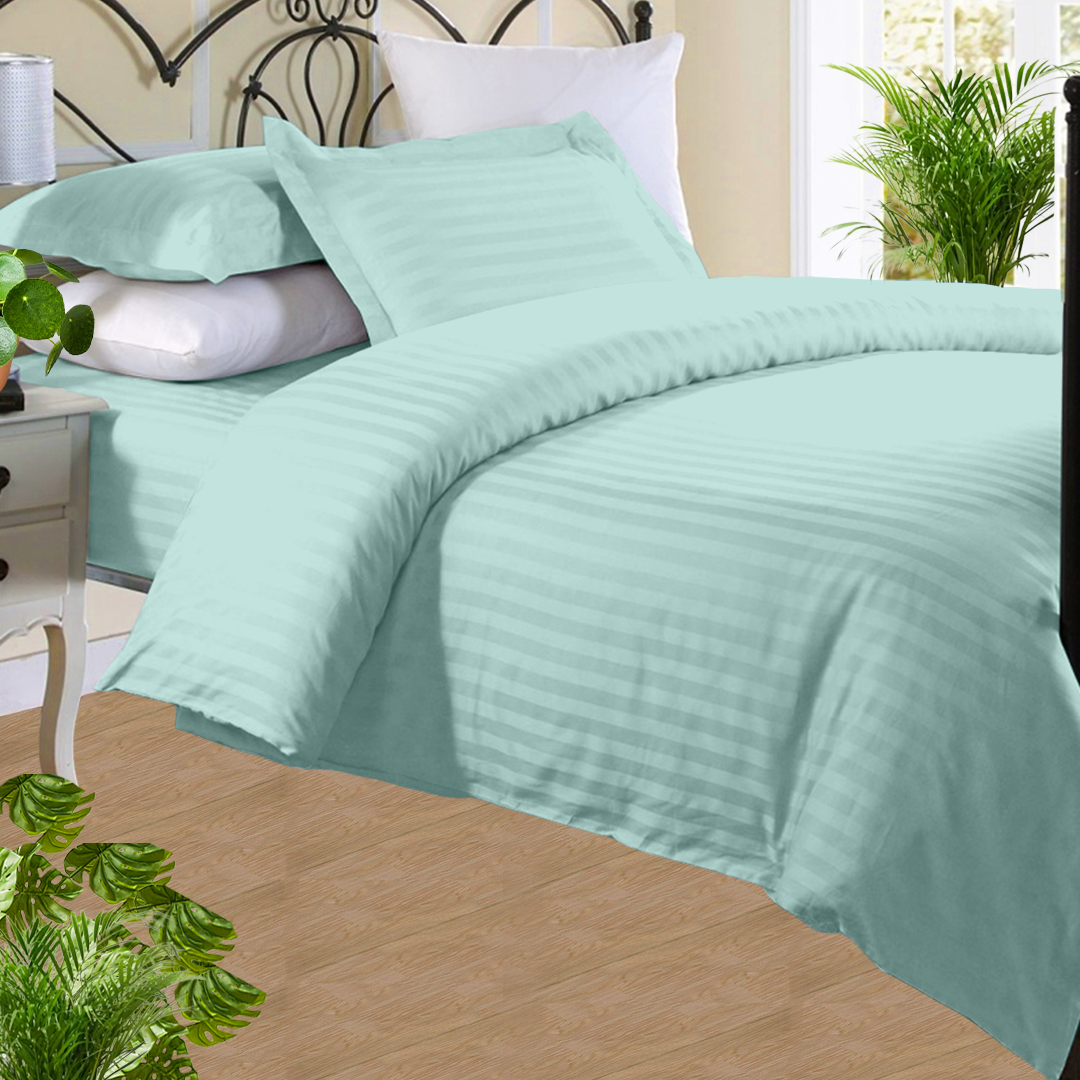 Aqua Blue Stripe Duvet Cover Set with Fitted Sheet Comfy Sateen