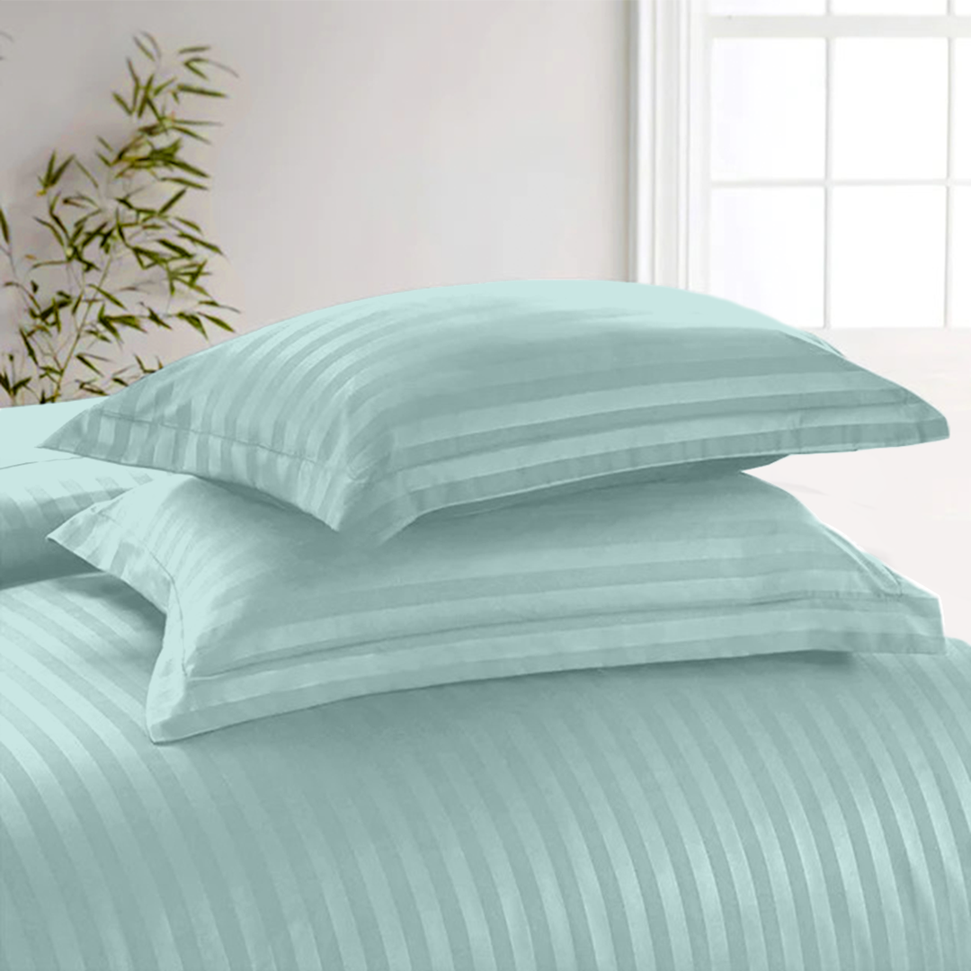 Aqua Blue Stripe Duvet Cover Set with Fitted Sheet Comfy Sateen