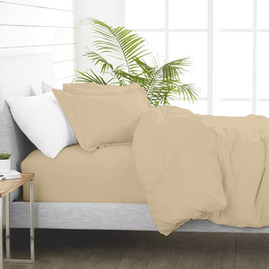 Beige Duvet Cover Set with Fitted Sheet Comfy Sateen