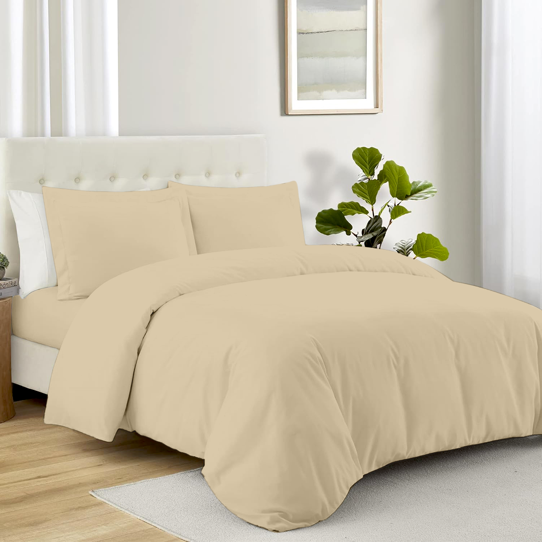 Beige Duvet Cover Set with Fitted Sheet Comfy Sateen