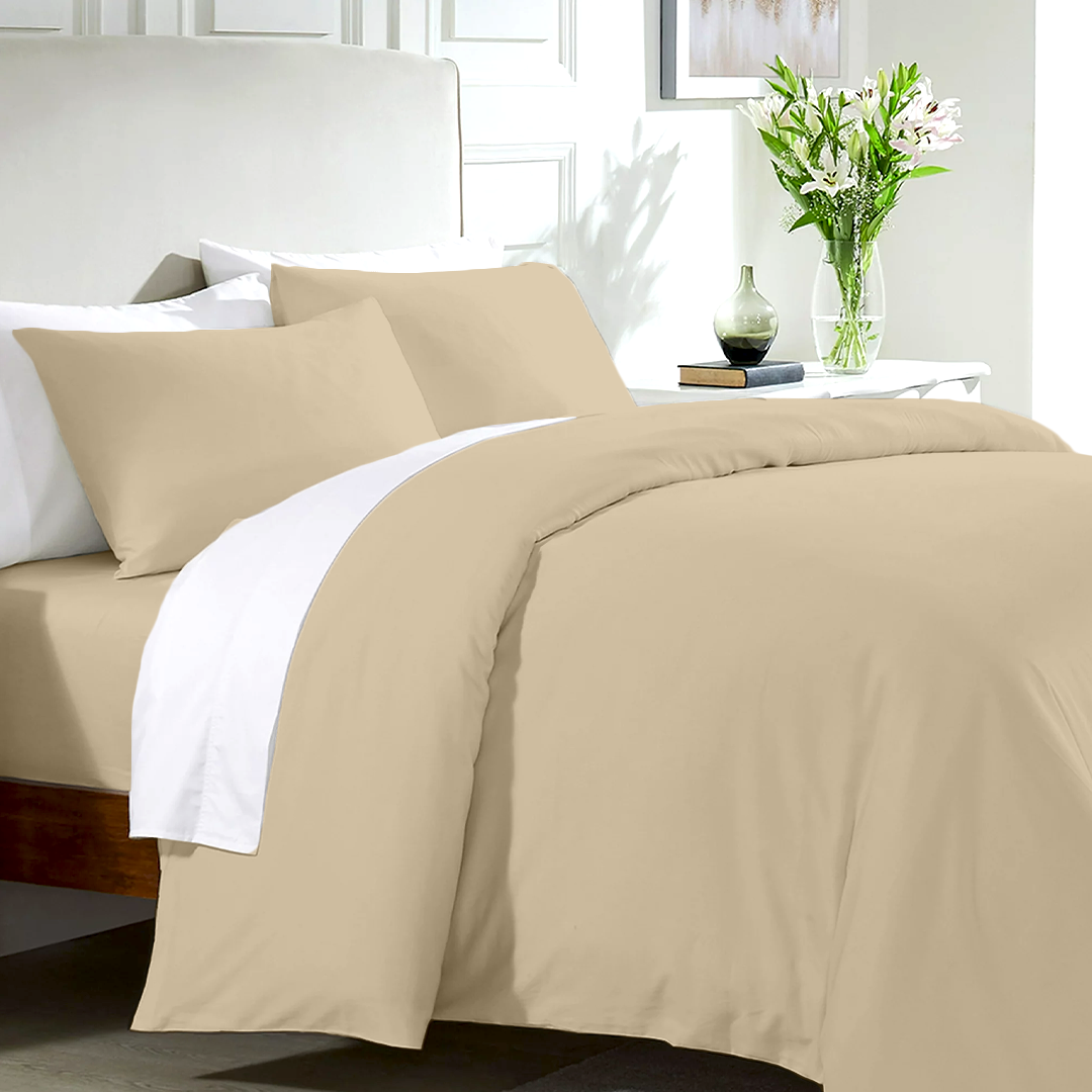 Beige Duvet Cover Set with Fitted Sheet Comfy Sateen