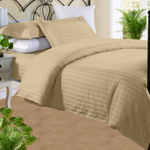 Beige Stripe Duvet Cover Set with Fitted Sheet Sateen Comfy