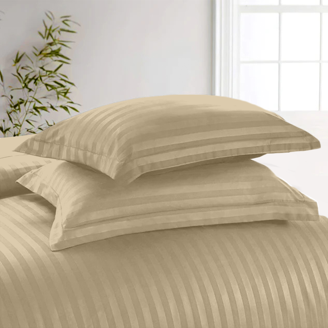 Beige Stripe Duvet Cover Set with Fitted Sheet Sateen Comfy