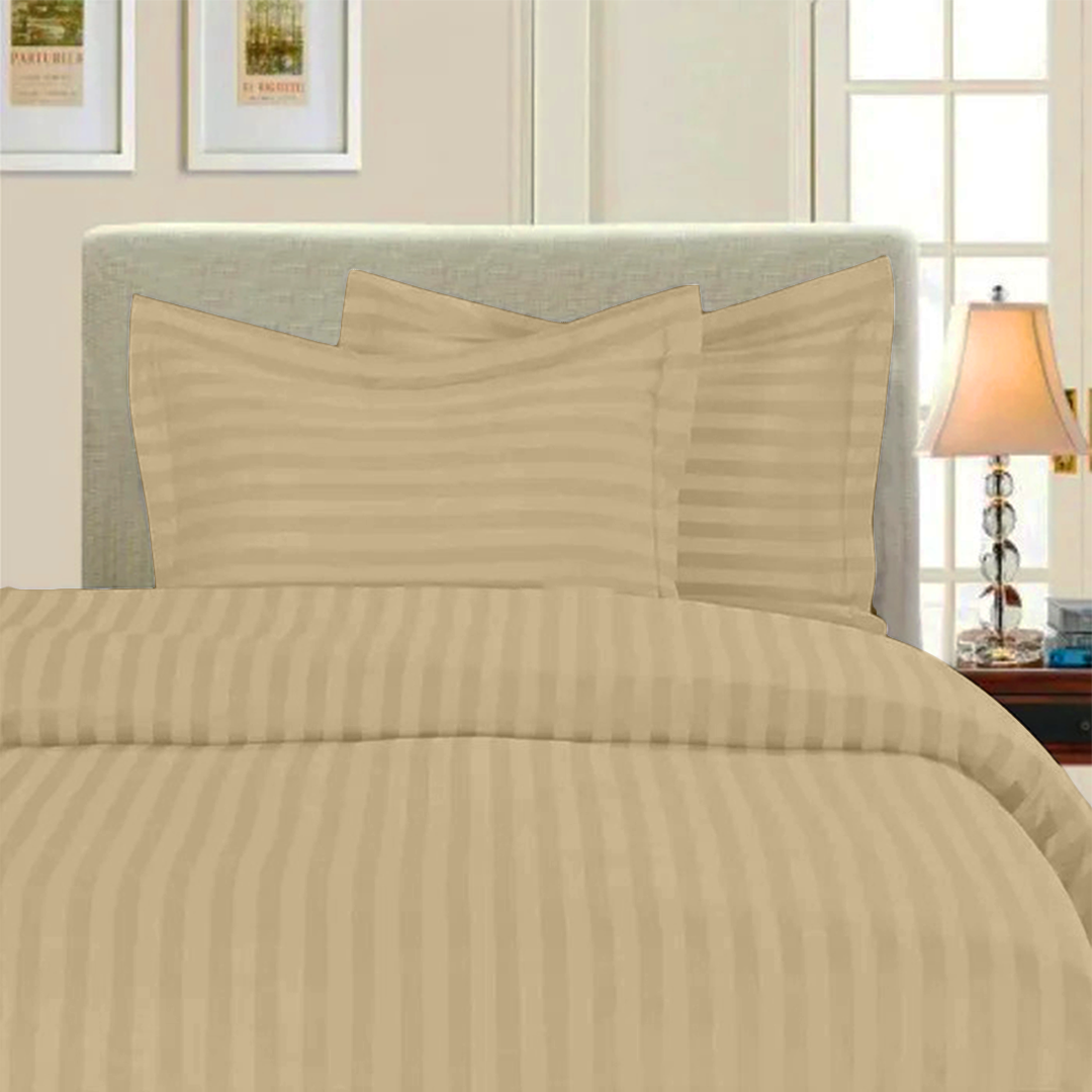 Beige Stripe Duvet Cover Set with Fitted Sheet Sateen Comfy