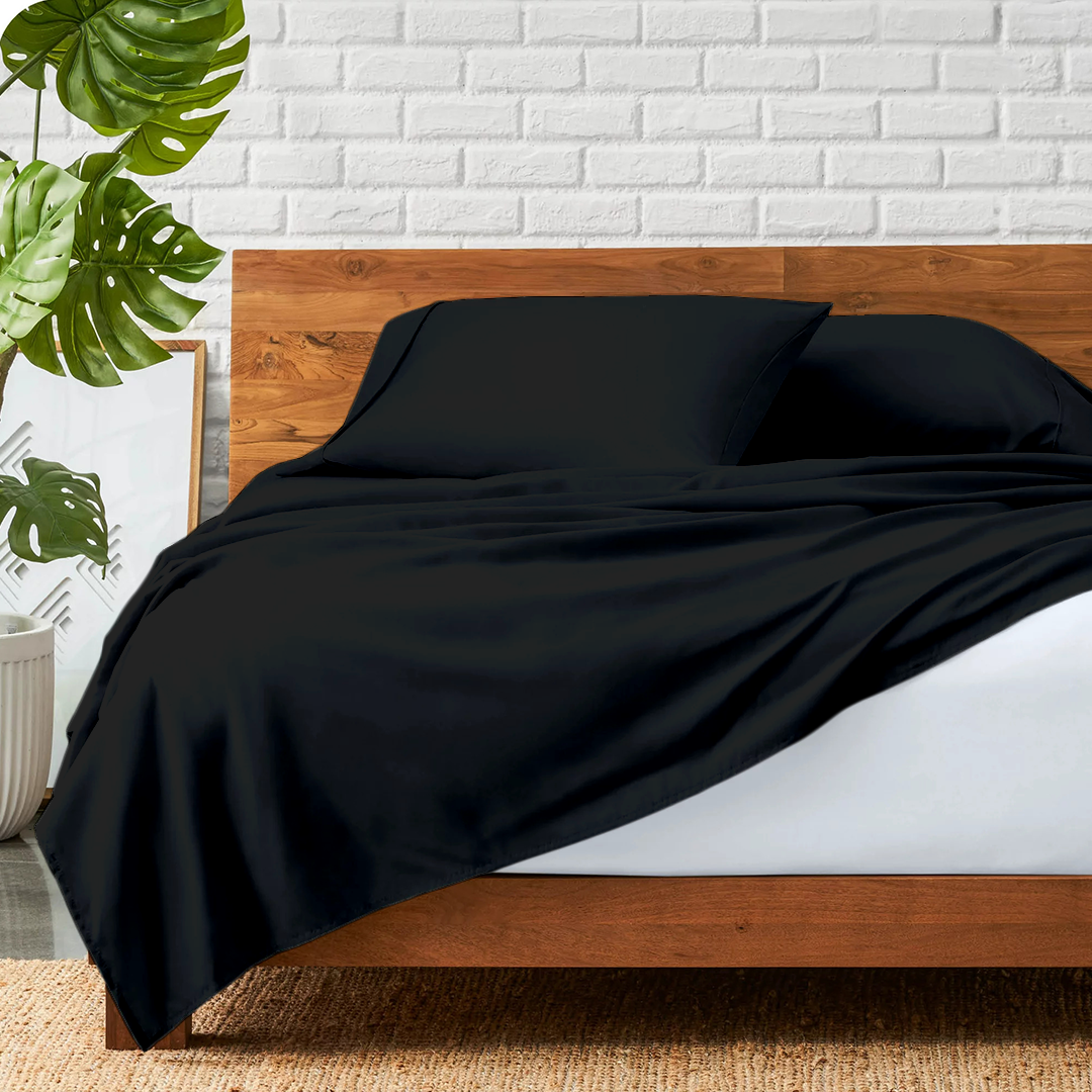 Black Flat Sheet with Pillowcase Bliss Solid Sateen