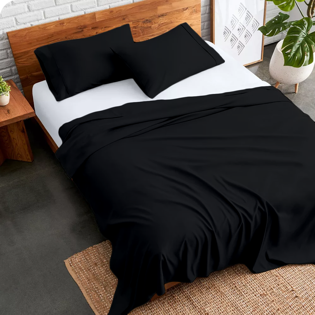 Black Flat Sheet with Pillowcase Bliss Solid Sateen