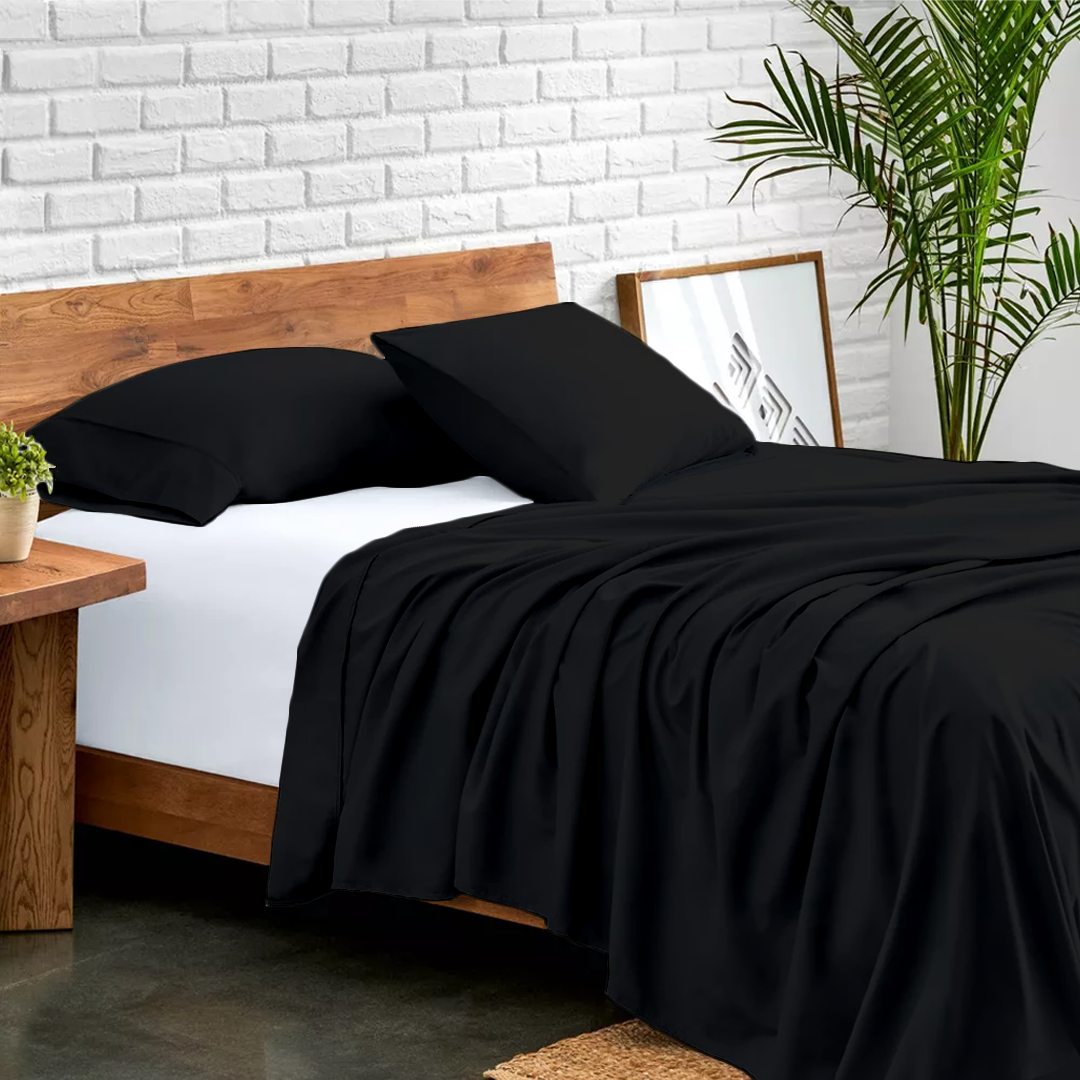 Black Flat Sheet with Pillowcase Bliss Solid Sateen