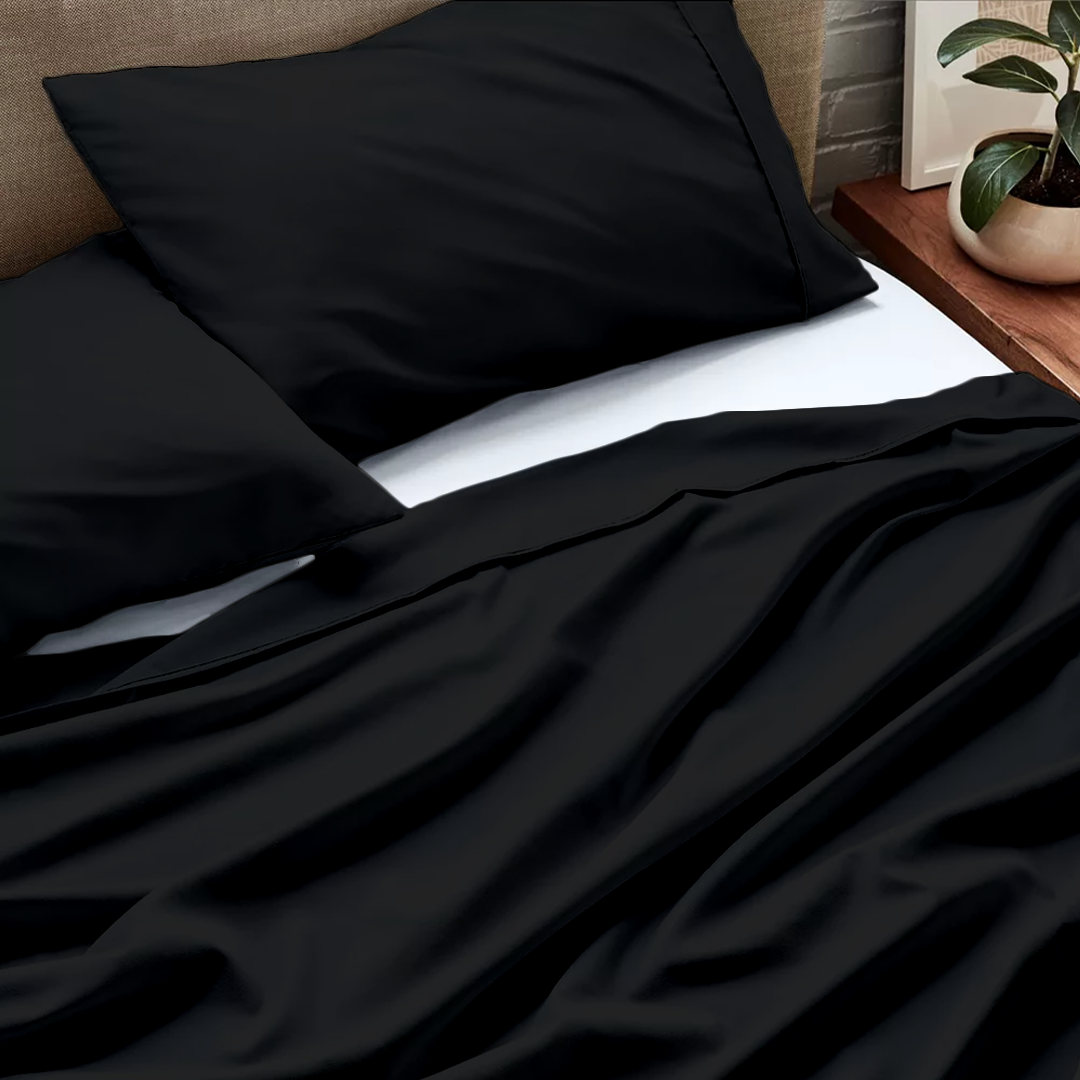 Black Flat Sheet with Pillowcase Bliss Solid Sateen