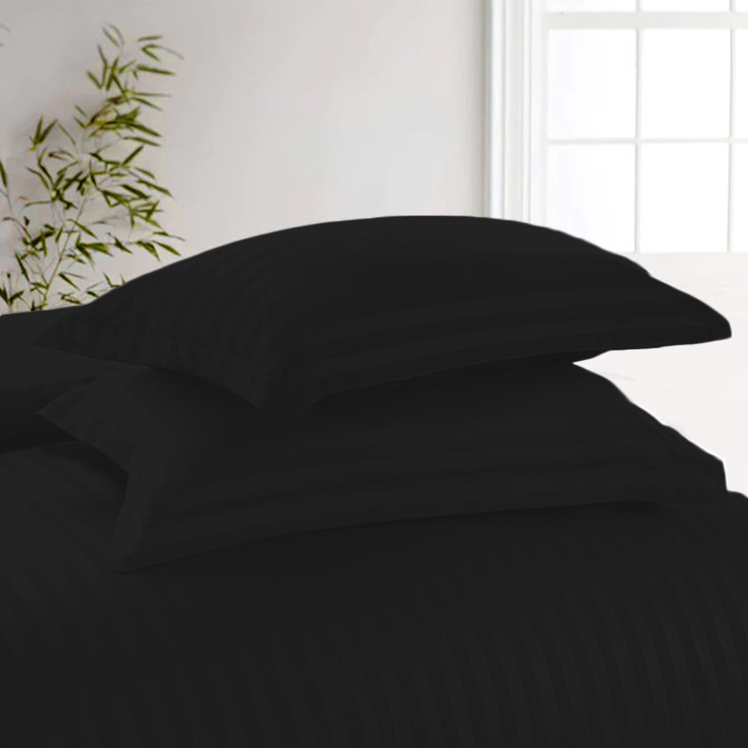 Black Stripe Duvet Cover Set with Fitted Sheet Comfy Sateen