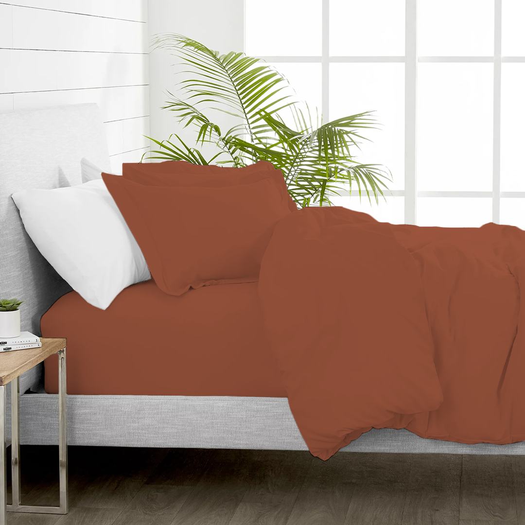 Brick Red Duvet Cover Set with Fitted Sheet Solid Comfy