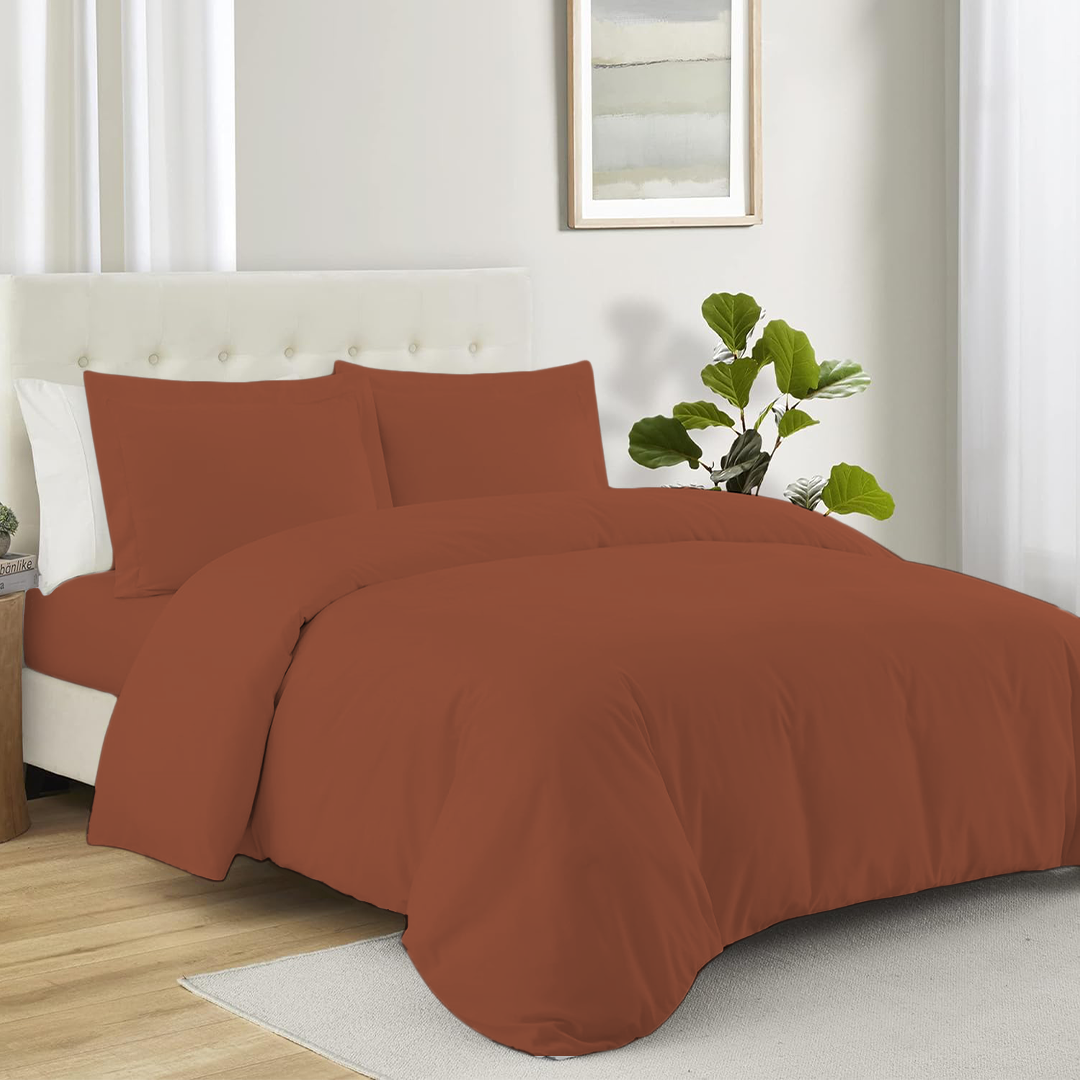 Brick Red Duvet Cover Set with Fitted Sheet Solid Comfy