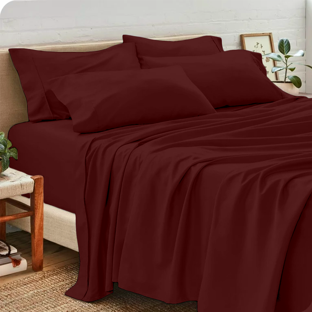 Burgundy Sheet Set with Extra Pillowcase Comfy Solid Sateen