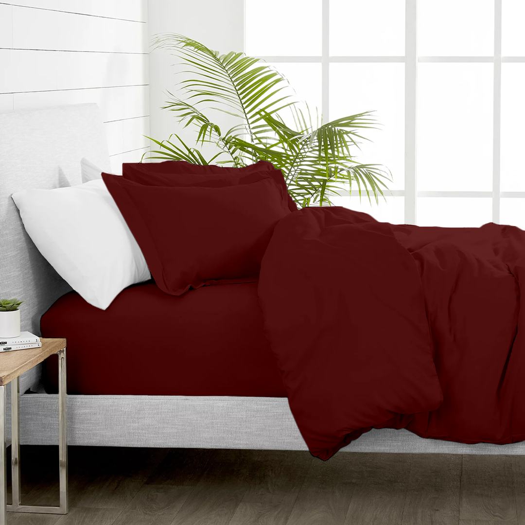 Burgundy Duvet Cover Set with Fitted Sheet Solid Comfy Sateen