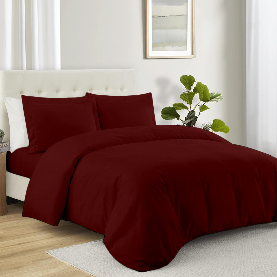 Burgundy Duvet Cover Set with Fitted Sheet Solid Comfy Sateen