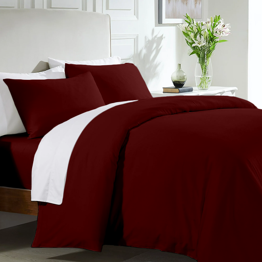 Burgundy Duvet Cover Set with Fitted Sheet Solid Comfy Sateen