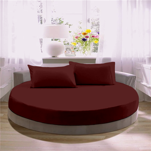 Burgundy Round Fitted Sheet with Pillowcase Comfy Solid Sateen