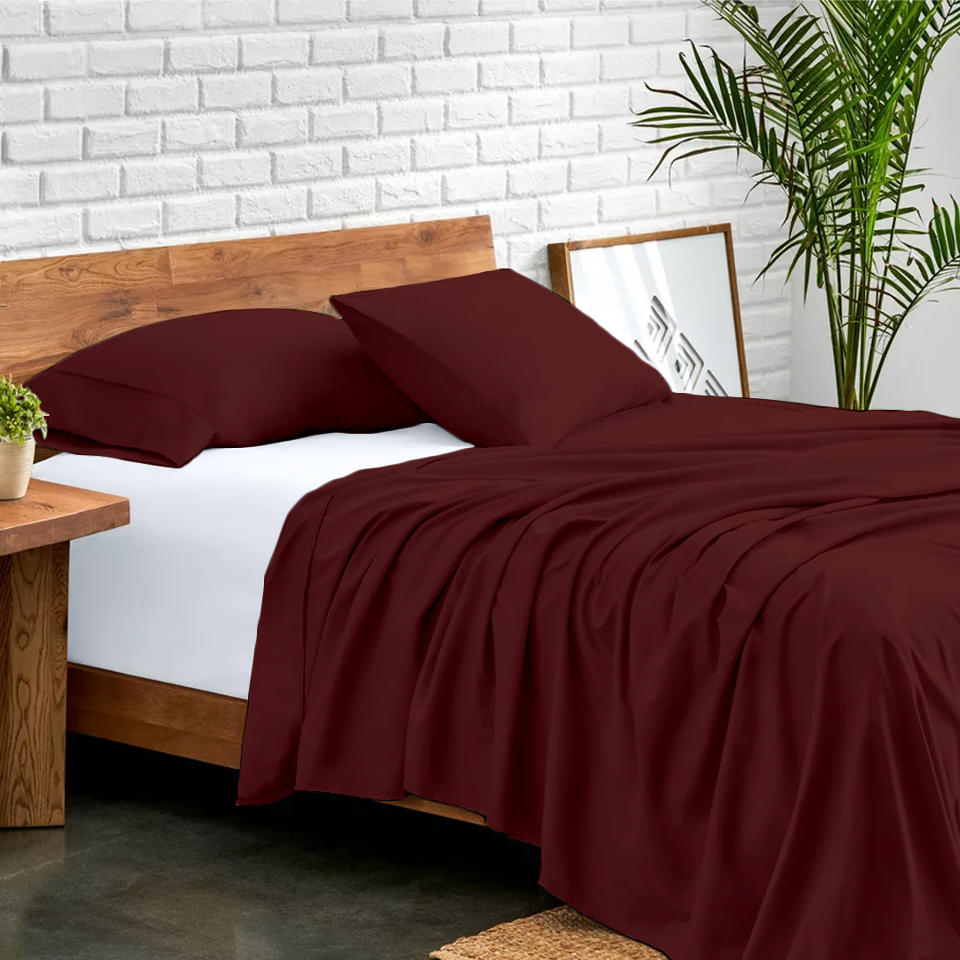 Comfy Burgundy Flat sheet with Pillowcase Sateen Solid