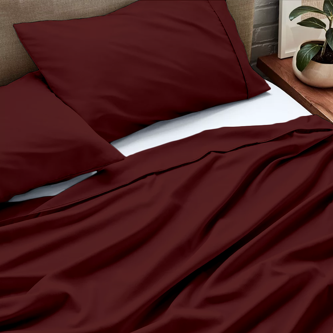 Comfy Burgundy Flat sheet with Pillowcase Sateen Solid