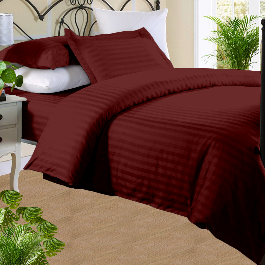 Burgundy Stripe Duvet Cover Set with Fitted Sheet Sateen Comfy