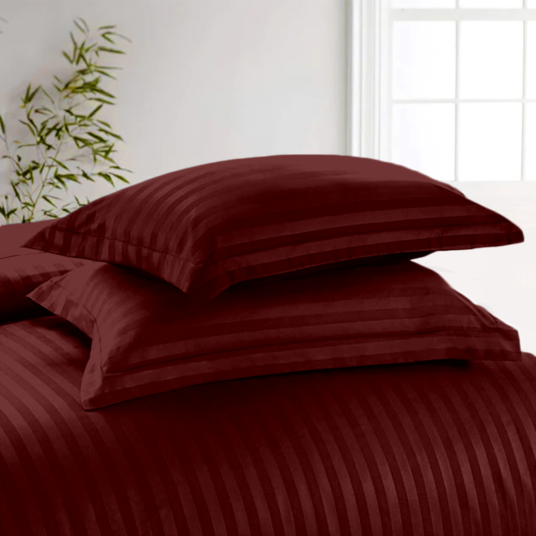 Burgundy Stripe Duvet Cover Set with Fitted Sheet Sateen Comfy