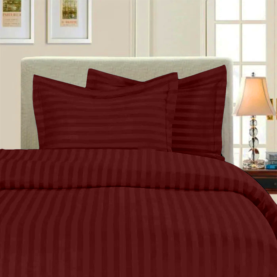 Burgundy Stripe Duvet Cover Set with Fitted Sheet Sateen Comfy