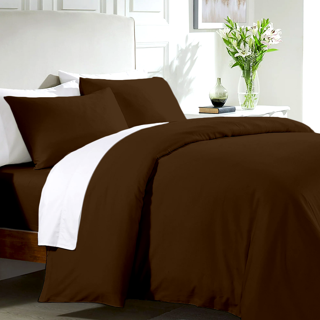 Chocolate Duvet Cover Set with Fitted Sheet Solid Comfy Sateen