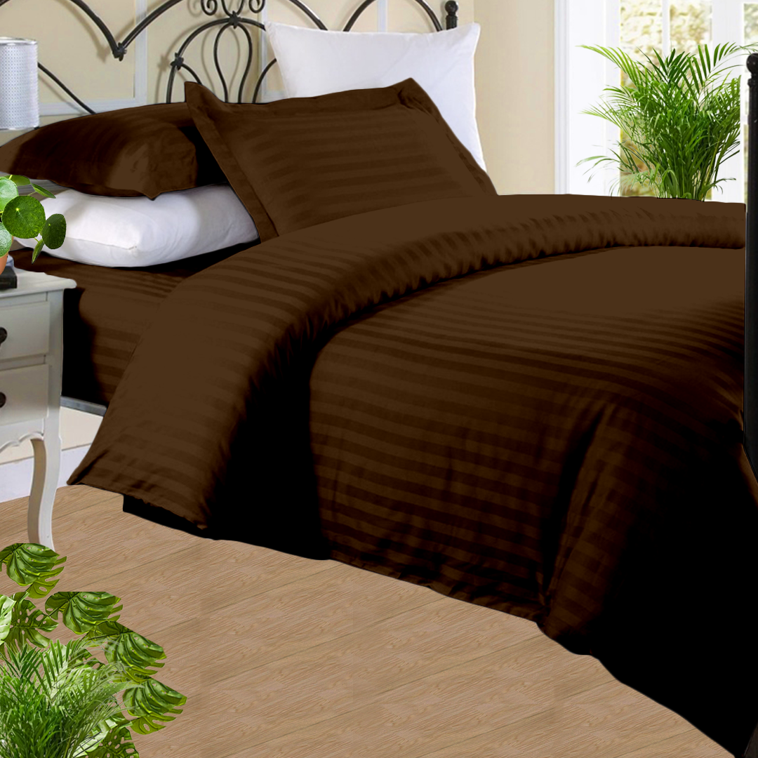 Chocolate Stripe Duvet Cover Set with Fitted Sheet Sateen Comfy