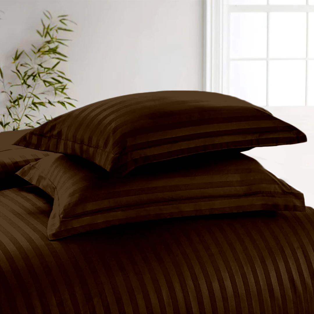 Chocolate Stripe Duvet Cover Set with Fitted Sheet Sateen Comfy