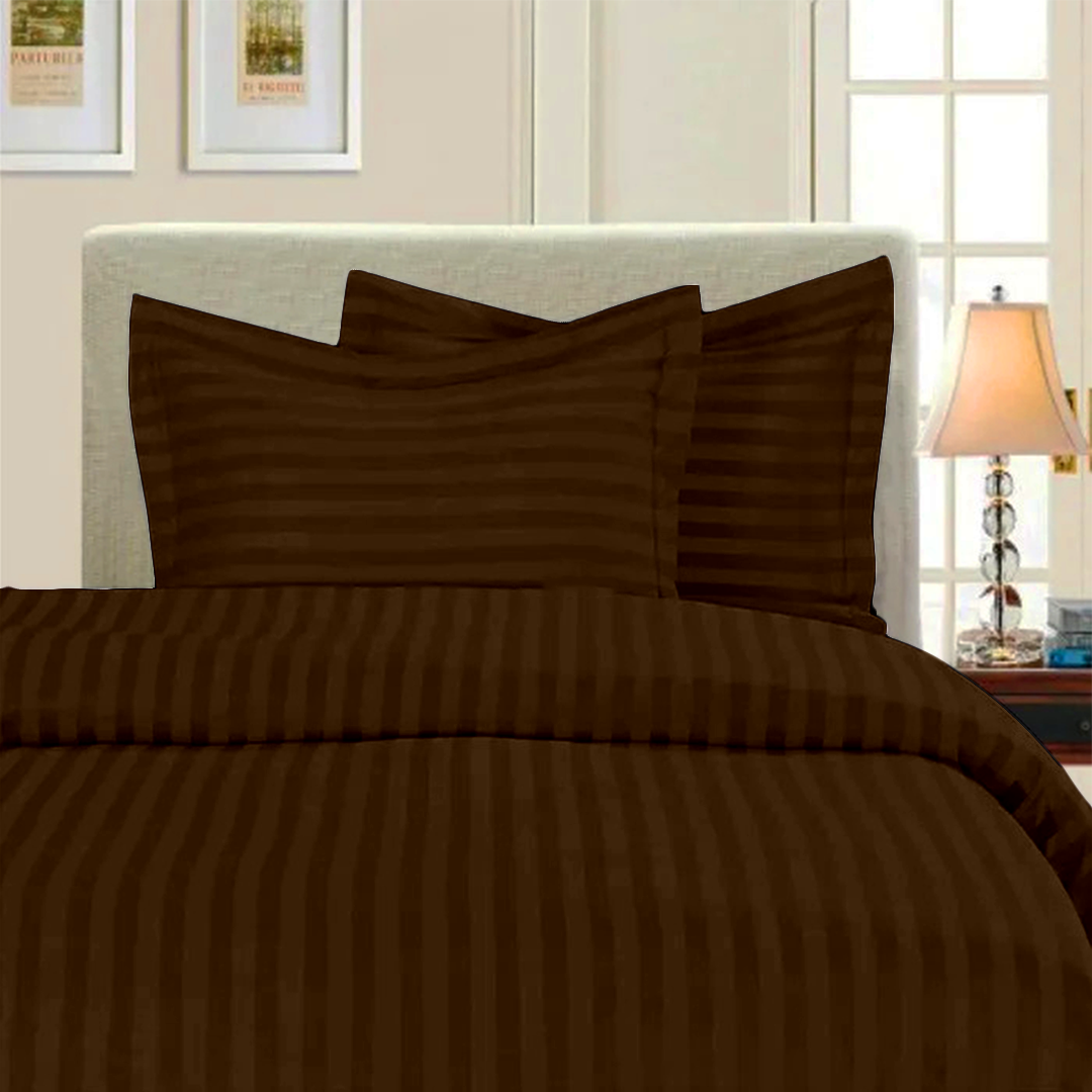 Chocolate Stripe Duvet Cover Set with Fitted Sheet Sateen Comfy