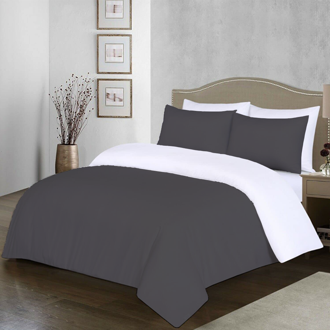 Dark Grey And White Reversible Duvet Set Solid Comfy Sateen