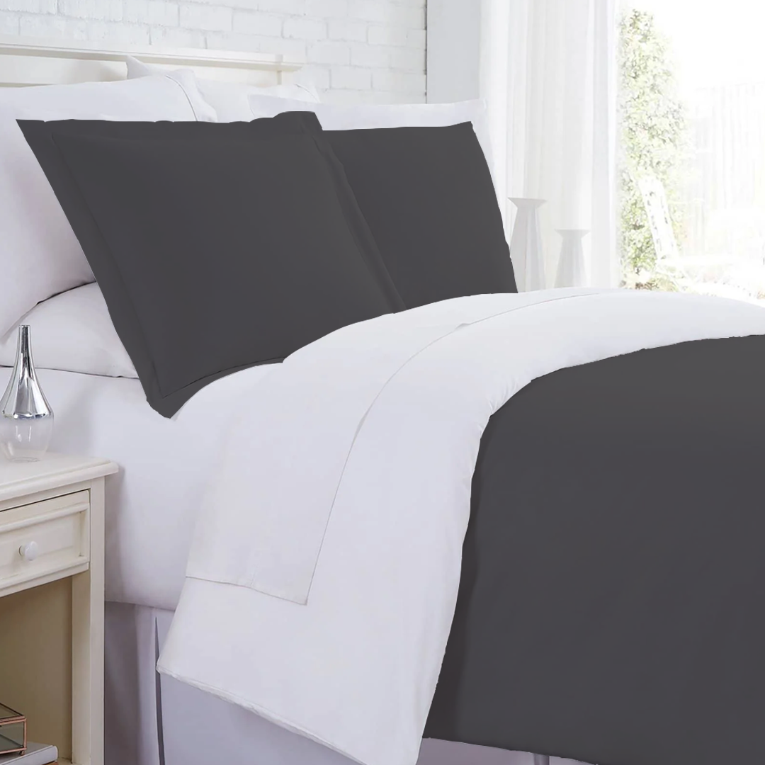 Dark Grey And White Reversible Duvet Set Solid Comfy Sateen