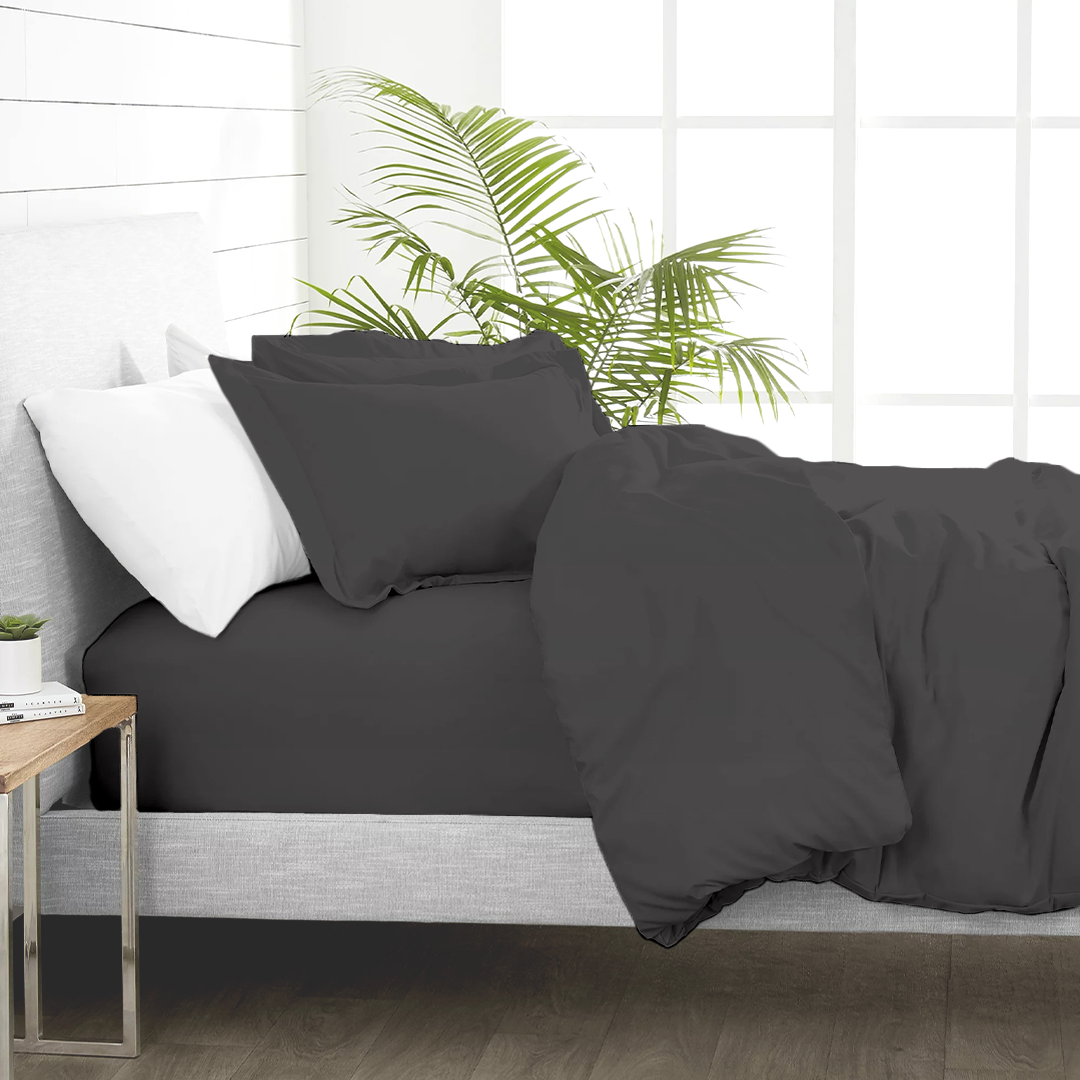 Bliss Dark Grey Duvet Cover Set with Fitted Sheet Solid Sateen