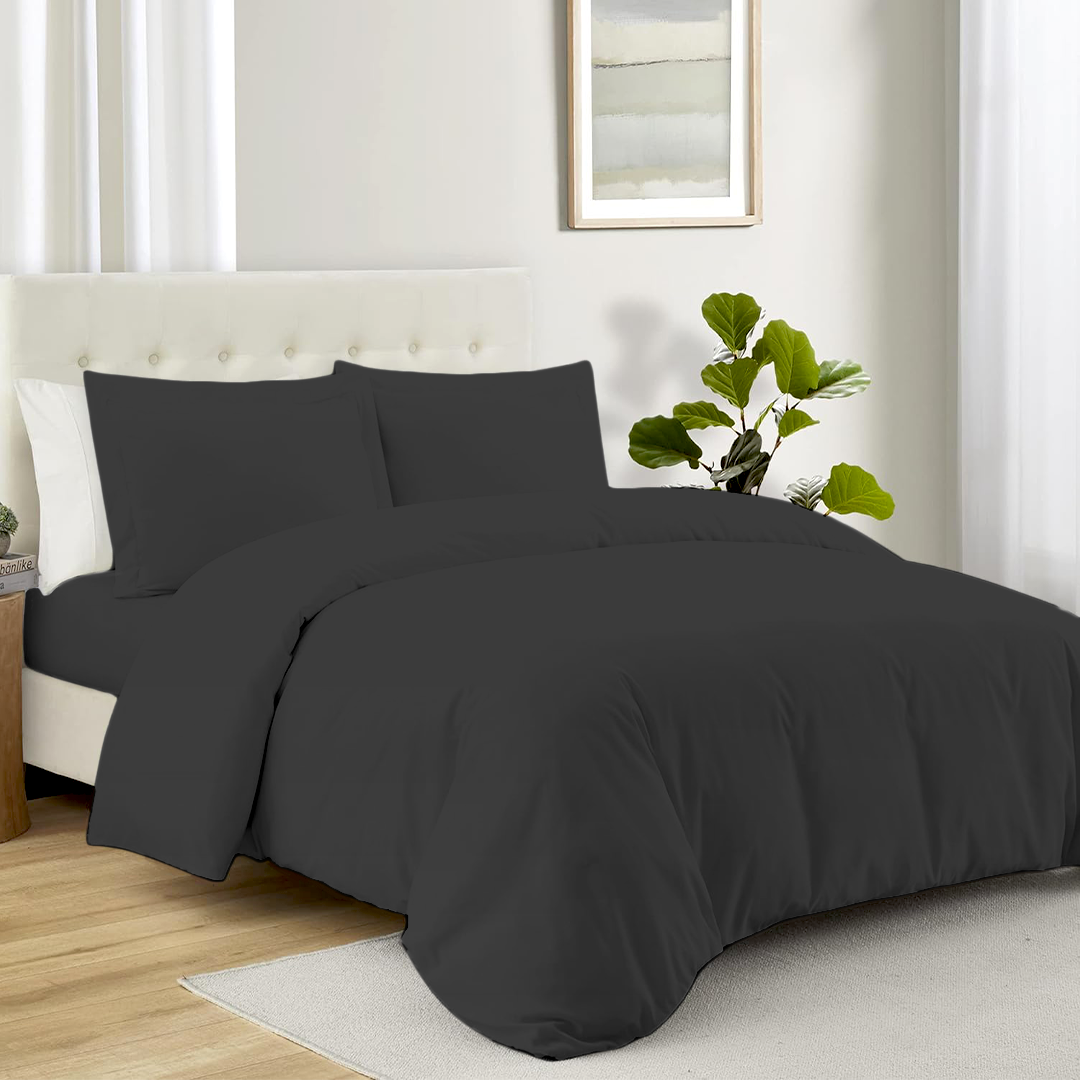 Bliss Dark Grey Duvet Cover Set with Fitted Sheet Solid Sateen