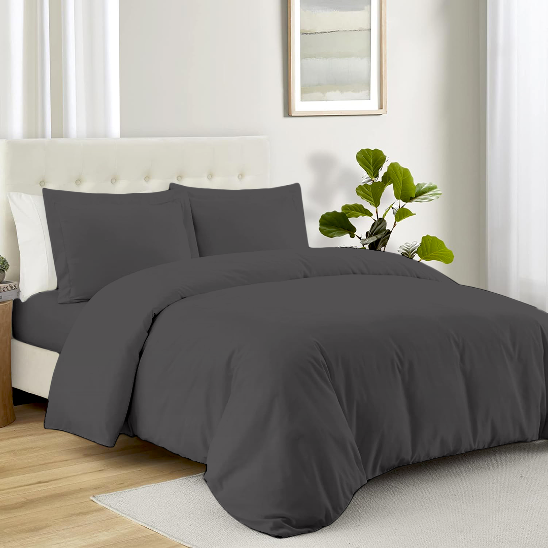 Bliss Dark Grey Duvet Cover Set with Fitted Sheet Solid Sateen