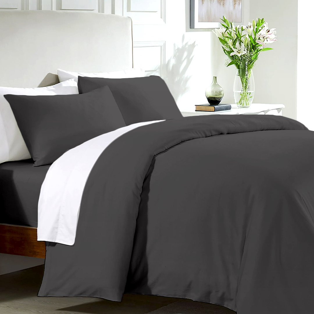 Bliss Dark Grey Duvet Cover Set with Fitted Sheet Solid Sateen