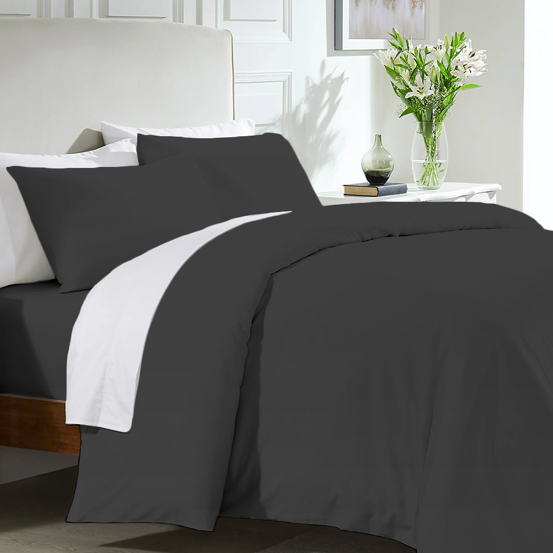 Bliss Dark Grey Duvet Cover Set with Fitted Sheet Solid Sateen