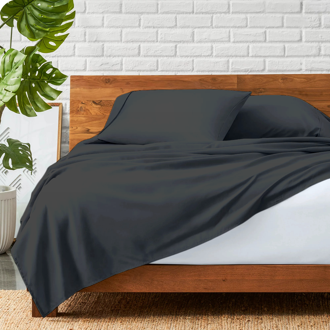 Dark Grey Flat Sheet with Pillowcase Bliss Solid Sateen