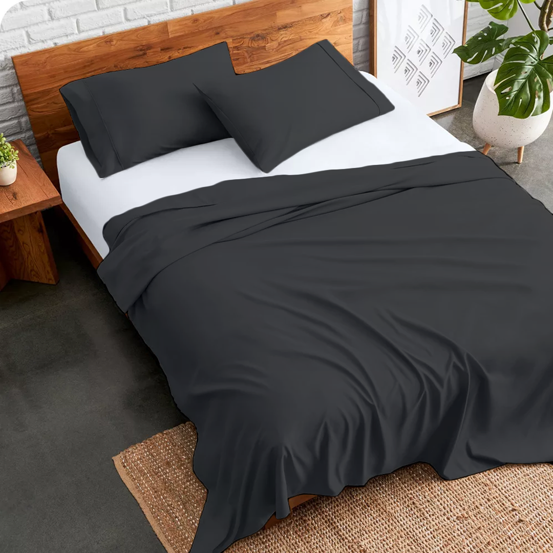 Dark Grey Flat Sheet with Pillowcase Bliss Solid Sateen