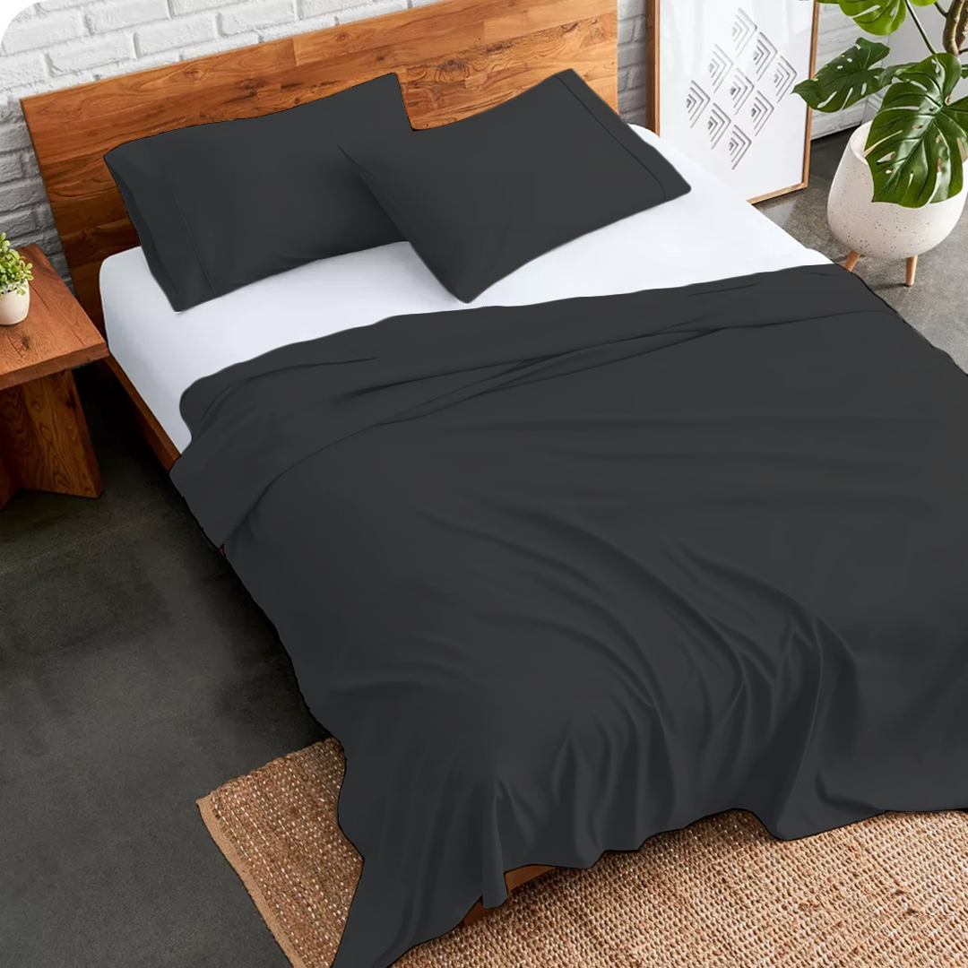 Dark Grey Flat Sheet with Pillowcase Bliss Solid Sateen