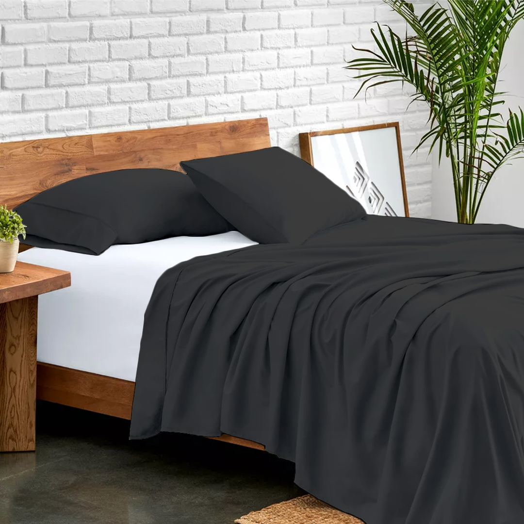 Dark Grey Flat Sheet with Pillowcase Bliss Solid Sateen