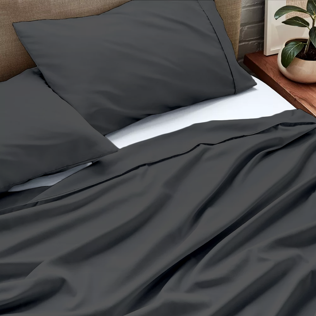 Dark Grey Flat Sheet with Pillowcase Bliss Solid Sateen