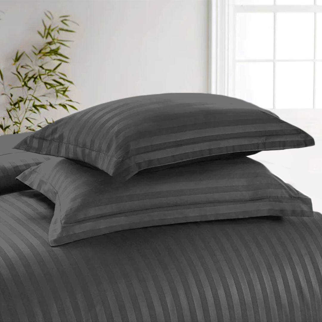 Grey Stripe Duvet Cover Set with Fitted Sheet Sateen Comfy