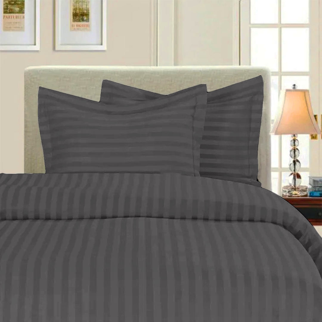 Grey Stripe Duvet Cover Set with Fitted Sheet Sateen Comfy