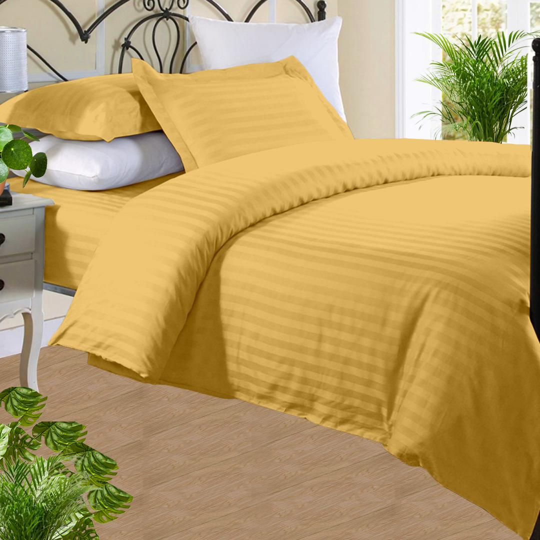 Gold Stripe Duvet Cover Set with Fitted Sheet Comfy Sateen